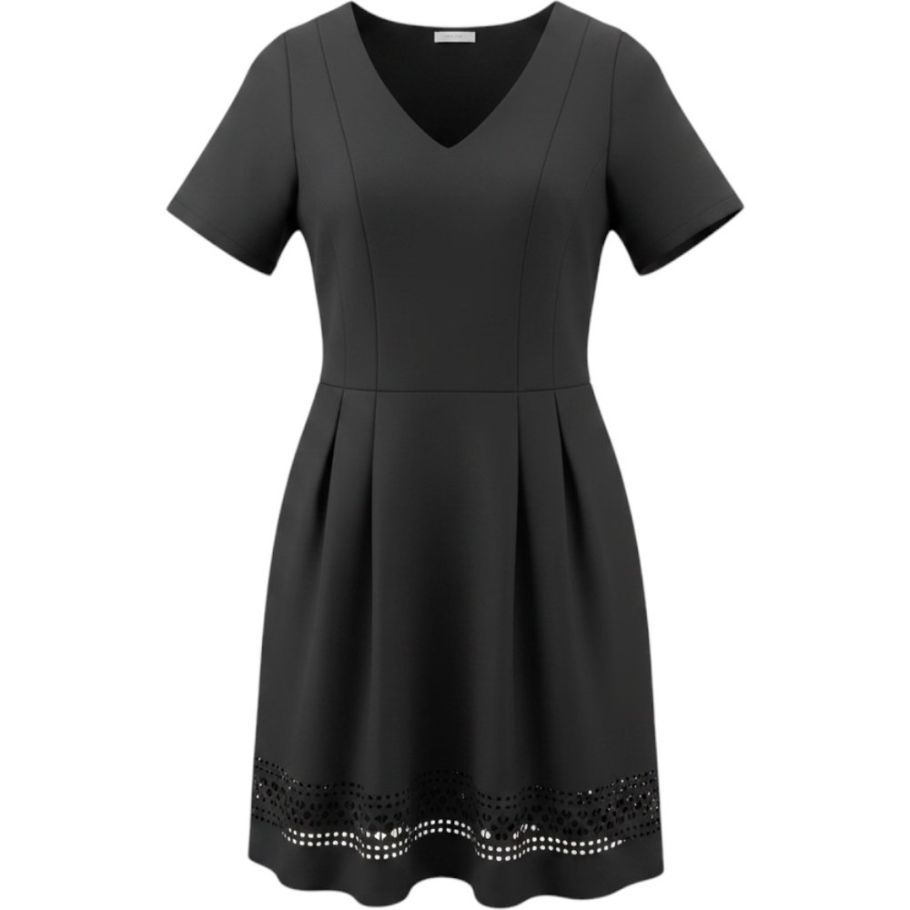 NY Collection Woman Black V-Neck Laser Cut Hem Pleated Dress 1X ZNKD0332
